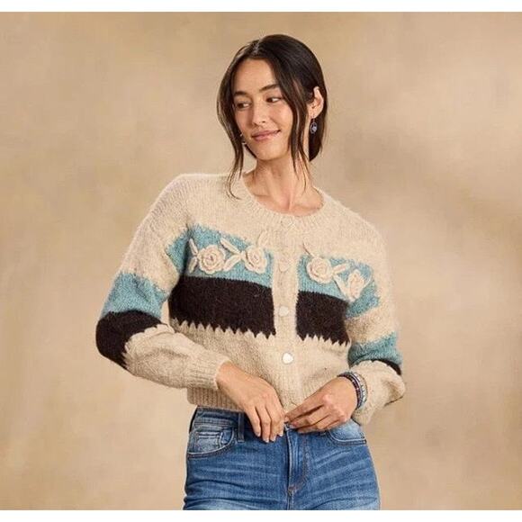Mahila Sweaters - MAHILA Women's Louisa Bloom Cropped Cardigan Fuzzy Embroidered Rosette Size L